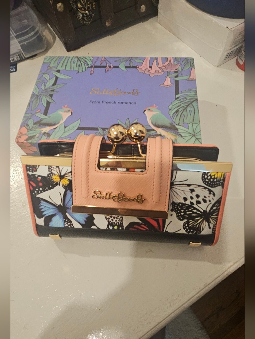Butterfly Print Clutch Wallet - Pink Accent
